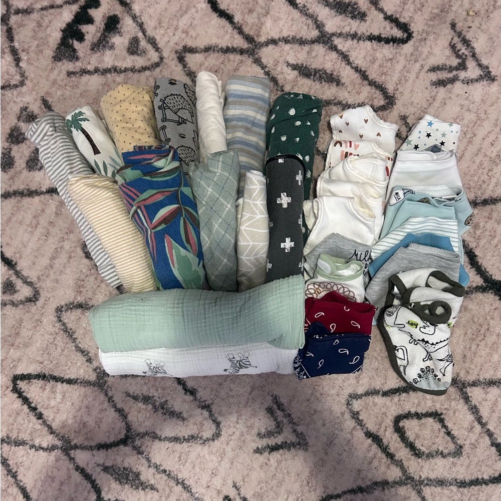 Burp rags, swaddles, and bibs